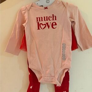 Pink 'Much Love' Baby Onesie and Red Pants Set